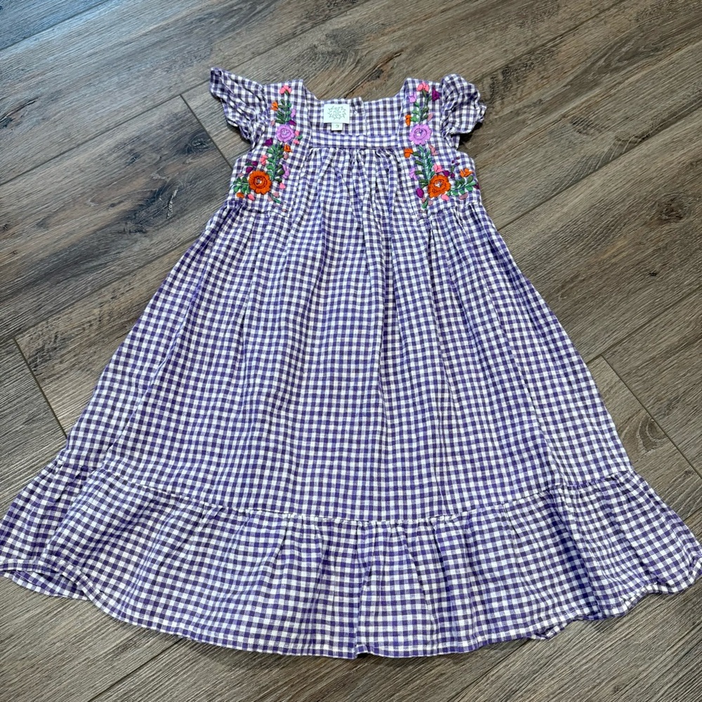 Arroz con leche Girls Purple Gingham Ruffle Dress with Floral Embroidery